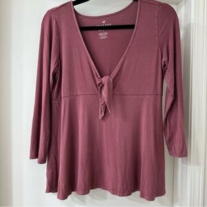 American Eagle Soft & Sexy Mauve Long-Sleeve Babydoll Top with Tie, Size Medium